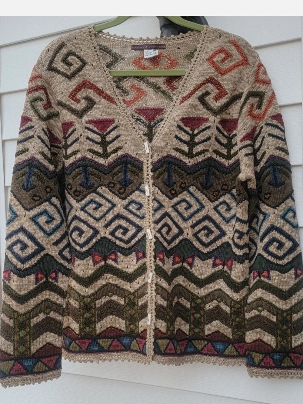 Peruvian Connection art knit handmade pima cotton cardigan XL Aztec geometrics